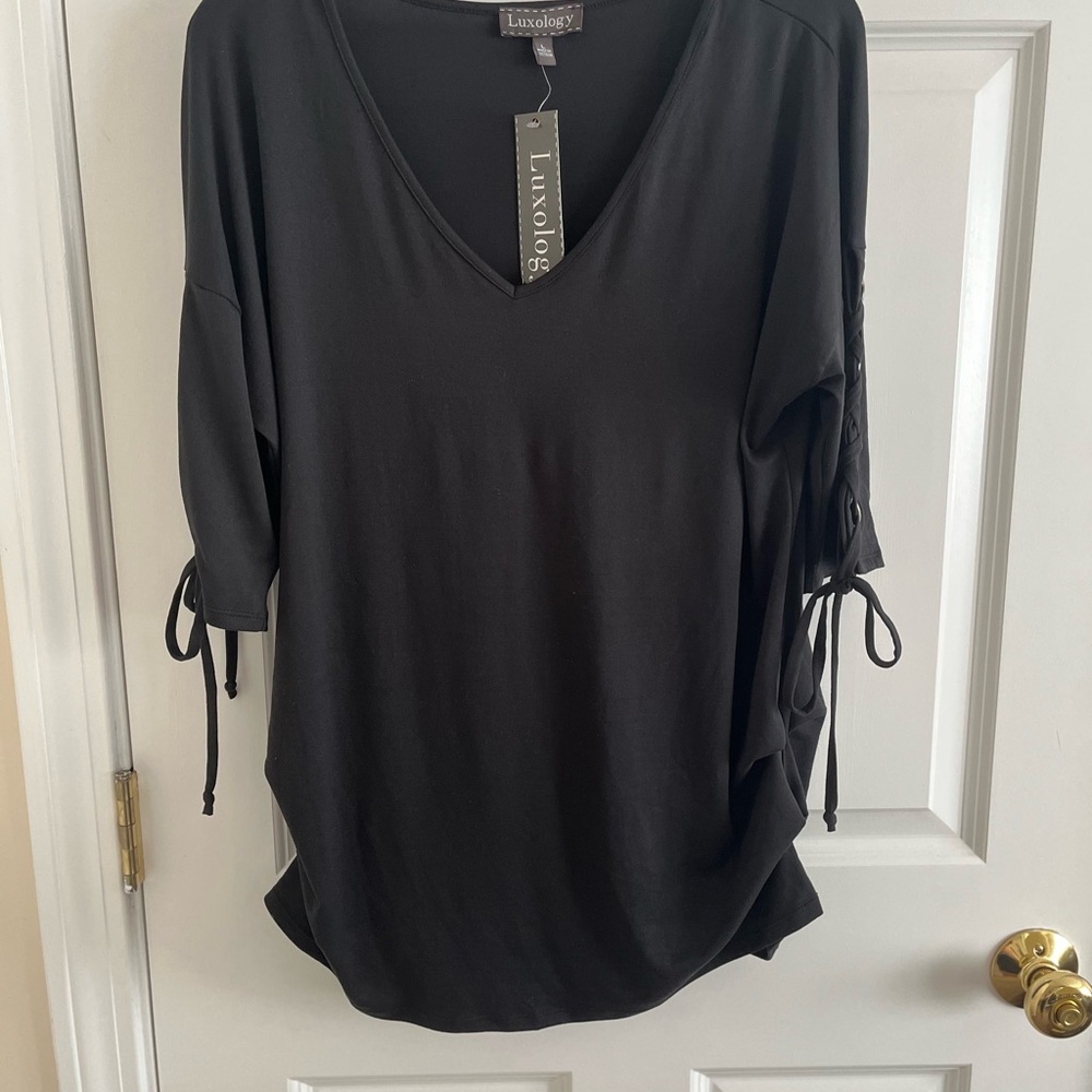 Luxology Women's Elegant Black Blouse with Tie Sleeves